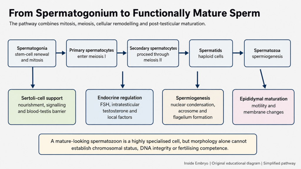 Spermatogenesis pathway from spermatogonia through meiosis, spermiogenesis and epididymal sperm maturation.