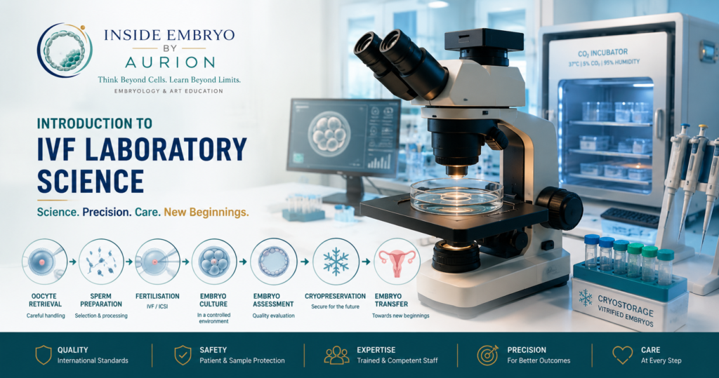 Introduction to IVF laboratory science illustrated with a microscope, incubator, culture dish and simplified gamete-to-embryo laboratory pathway.