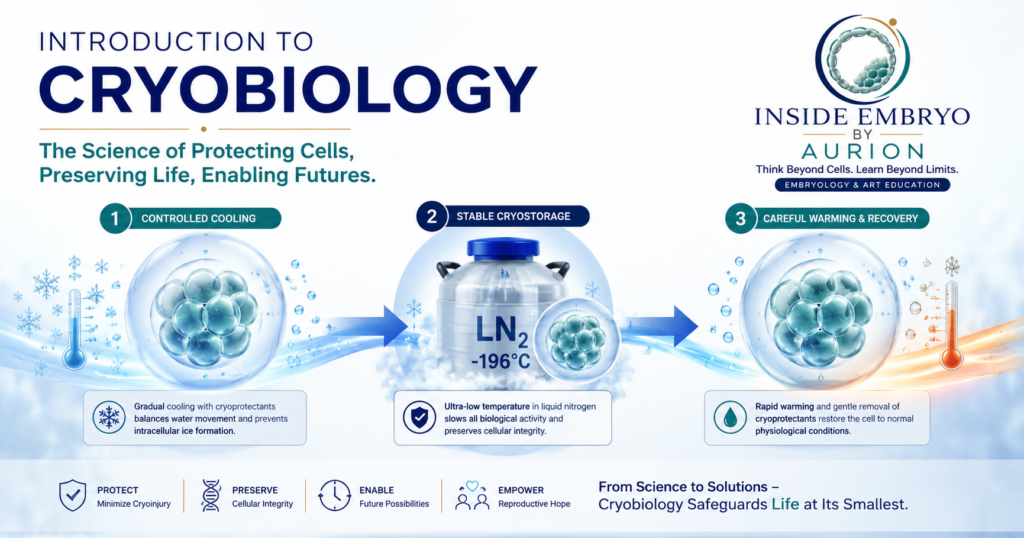 Introduction to cryobiology illustration showing a protected reproductive cell moving from cooling to liquid-nitrogen storage and warming.