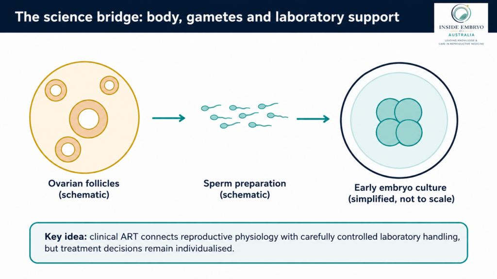 Schematic showing ovarian follicles, prepared sperm and early embryo culture as connected components of assisted reproduction.