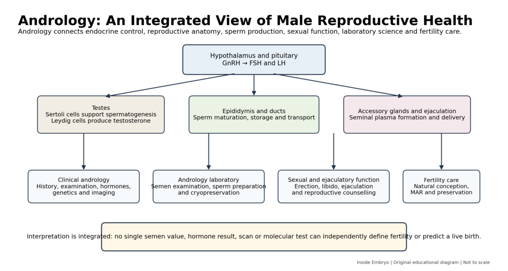 Andrology overview showing hormonal control, male reproductive anatomy, laboratory assessment, sexual function and fertility care.