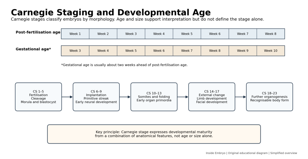 Carnegie staging diagram comparing embryo morphology, post-fertilisation age and clinical gestational age.