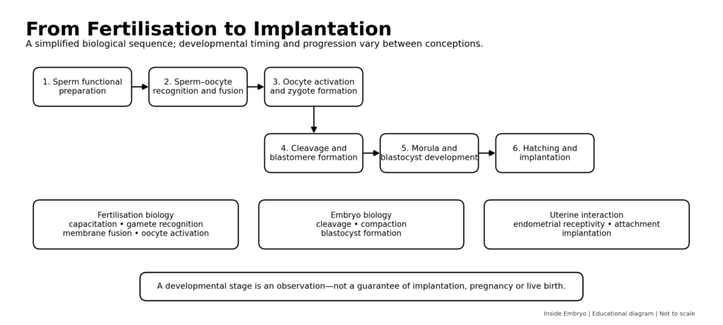 Workflow from sperm preparation and oocyte fertilisation to cleavage, blastocyst formation and implantation.