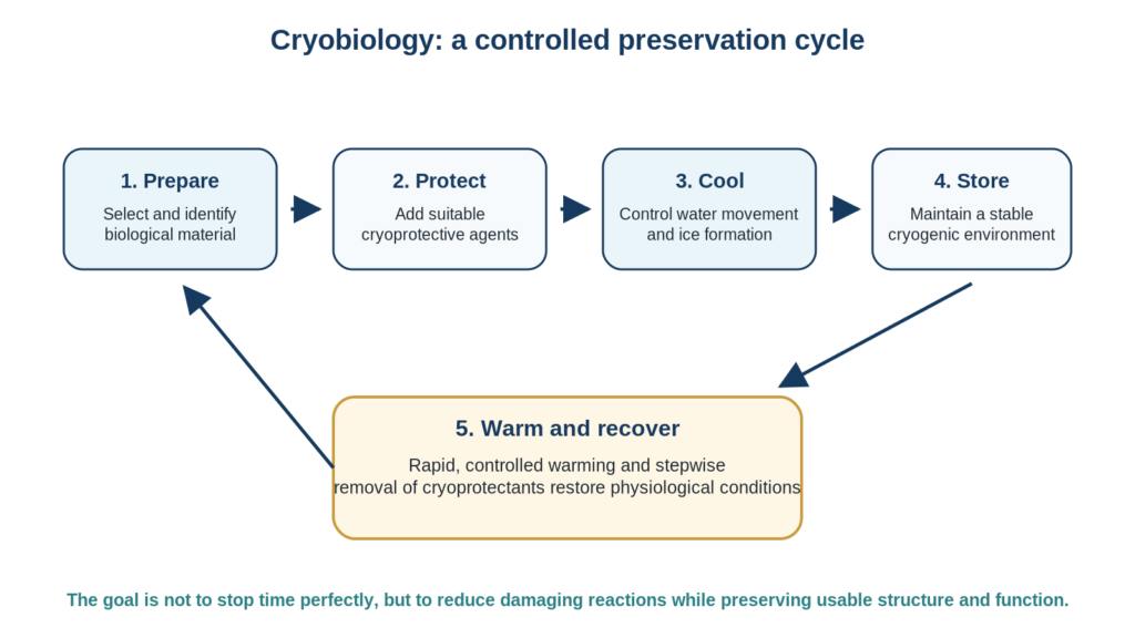 Introduction to cryobiology diagram showing preparation, cryoprotectant exposure, cooling, cryogenic storage and warming recovery.