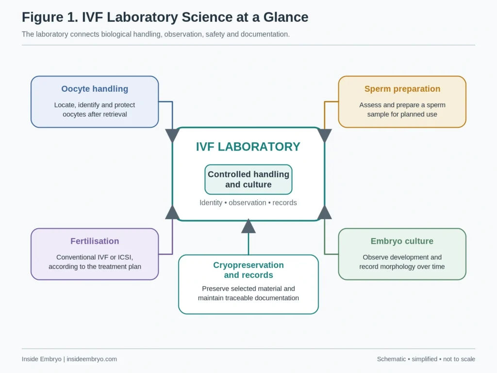 Introduction to IVF laboratory science diagram showing oocyte handling, sperm preparation, fertilisation, embryo culture and cryopreservation around a central IVF laboratory.