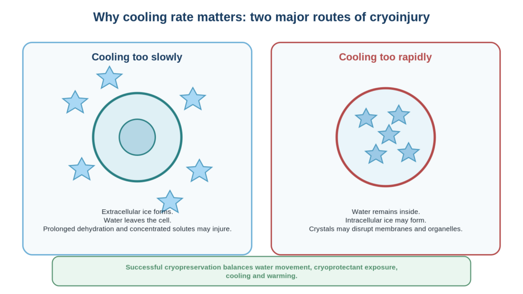 Diagram comparing slow-cooling injury from extracellular ice and dehydration with rapid-cooling injury from intracellular ice.