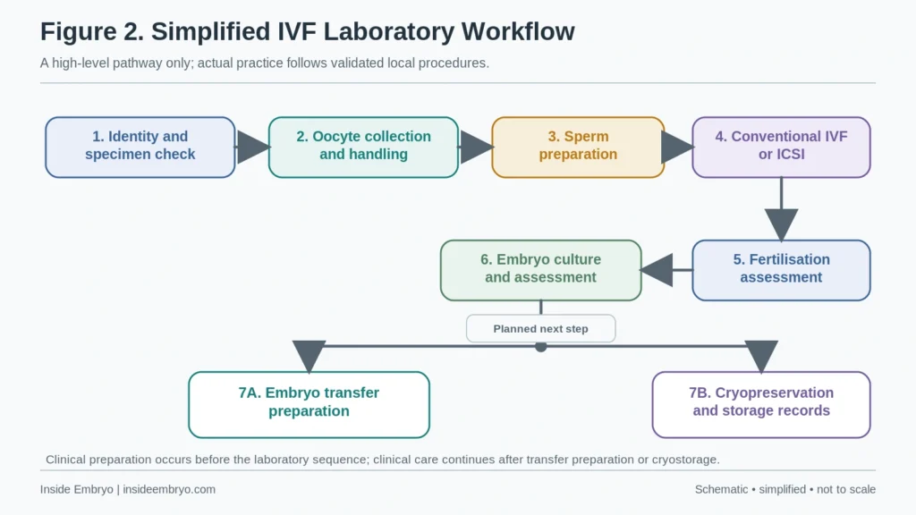 Simplified IVF laboratory workflow from identity checking and gamete handling to fertilisation assessment, embryo culture, transfer preparation or cryopreservation.
