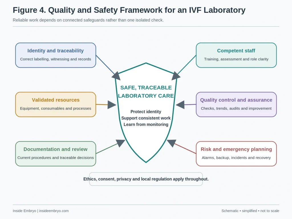 IVF laboratory quality and safety framework showing traceability, competent staff, validation, quality assurance, documentation and emergency planning.
