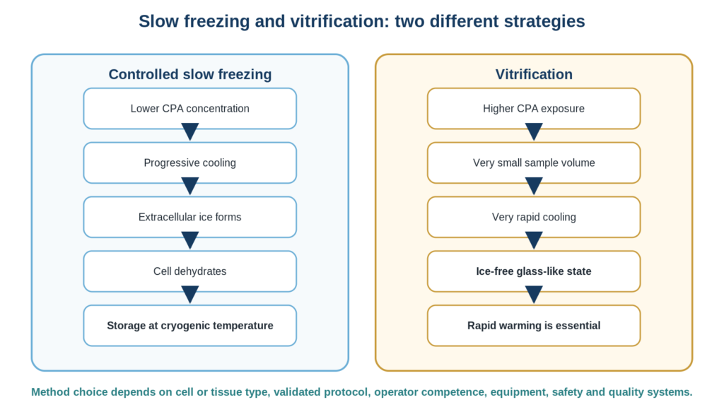 Flowchart comparing controlled slow freezing with vitrification for reproductive cells and embryos.