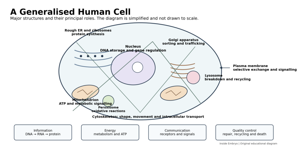 Cellular biology diagram of a generalised human cell showing major organelles and their functions.