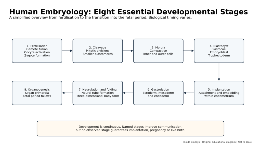 Human embryology diagram showing 8 essential stages from fertilisation to organogenesis.