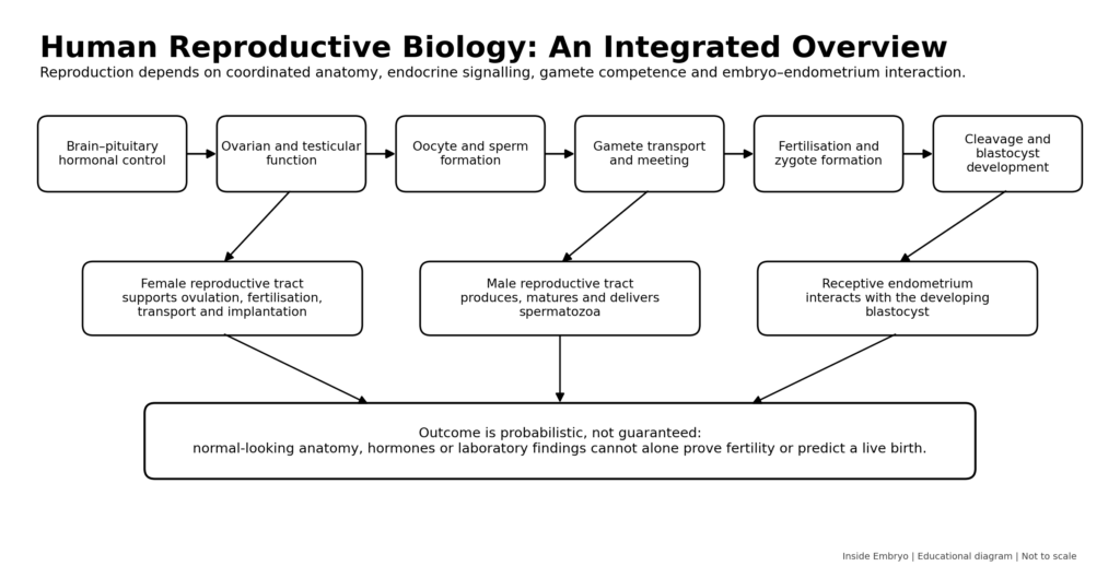 Human reproductive biology overview showing hormonal control, gamete formation, fertilisation, embryo development and implantation.