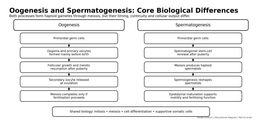Comparison of oogenesis and spermatogenesis from primordial germ cells through meiosis and gamete maturation.