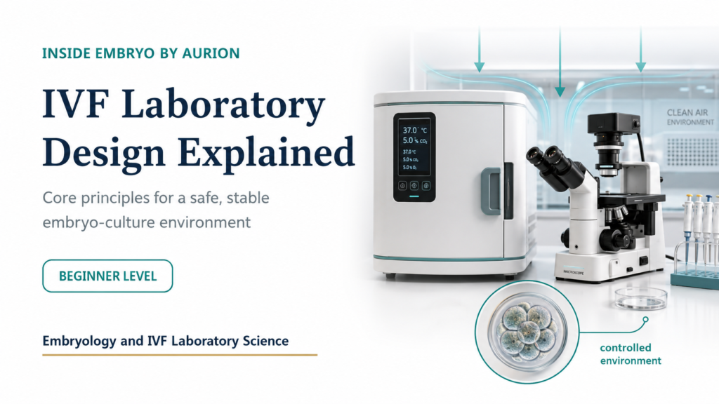 IVF laboratory design concept with incubator, microscope and embryo showing a controlled embryo-culture environment.