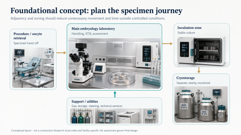 Conceptual IVF laboratory zoning showing specimen flow from retrieval to embryo handling, incubation and nearby cryostorage.