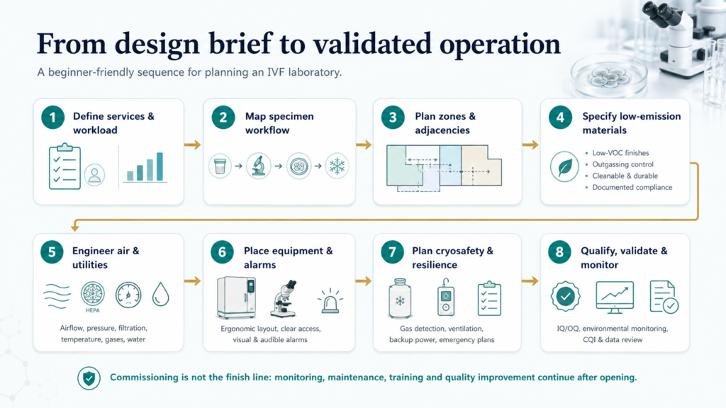 Eight-step IVF laboratory design workflow from service planning and specimen mapping to validation and monitoring