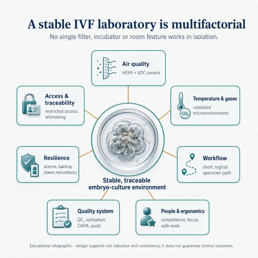 Hub-and-spoke infographic showing air, temperature, workflow, safety, people and quality controls around embryo culture.