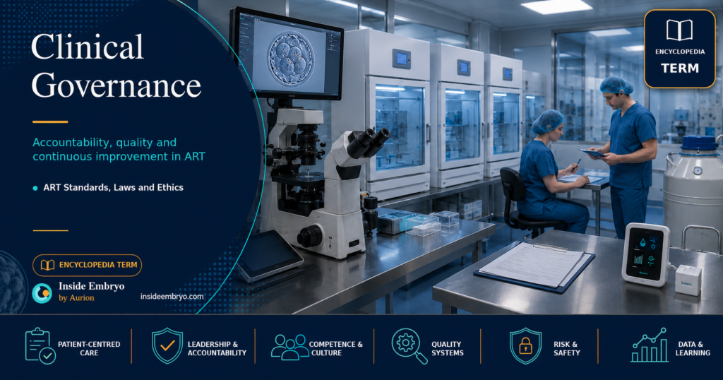 Clinical embryologist working at an inverted microscope in a modern IVF laboratory, representing clinical governance, quality and accountability.