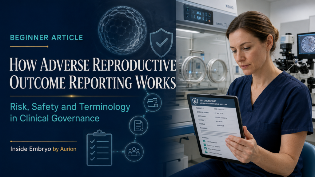 Embryologist reviewing a secure adverse reproductive outcome report in an IVF laboratory.