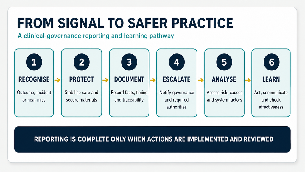 Six-step clinical-governance reporting pathway showing how reproductive safety signals progress through recognise, protect, document, escalate, analyse and learn, ending with implemented and reviewed actions.
