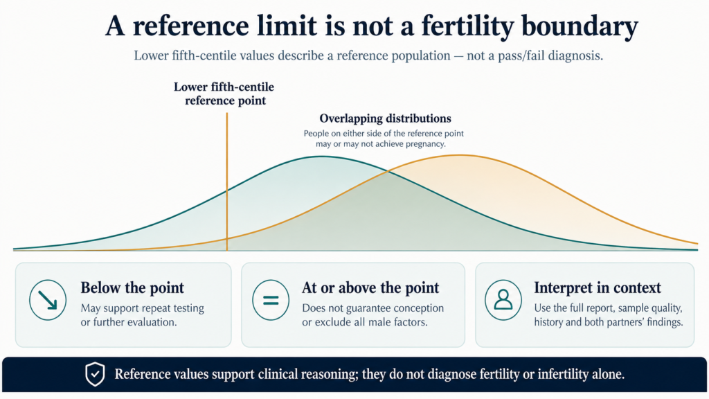 Overlapping semen parameter distributions showing that a WHO lower fifth-centile reference point is not a strict boundary between fertility and infertility.