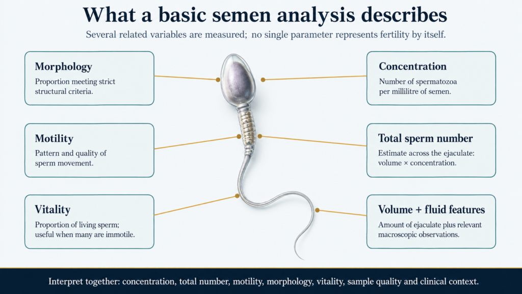 Scientific sperm illustration labelled with the main semen analysis parameters: morphology, motility, vitality, concentration, total sperm number and semen volume.