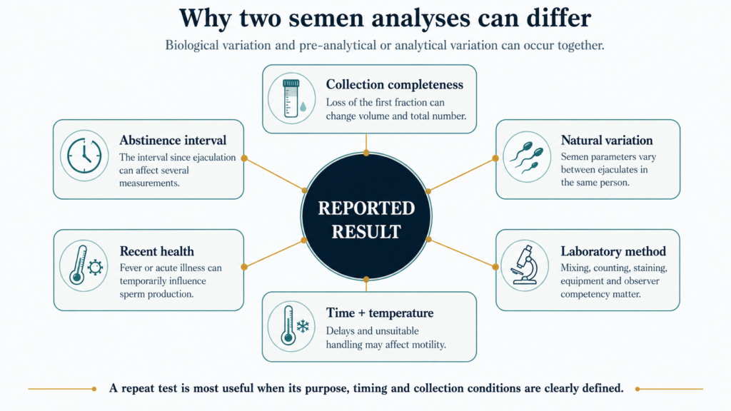 Diagram showing how abstinence interval, collection completeness, recent illness, natural variation, laboratory methods, time and temperature can affect semen analysis results.