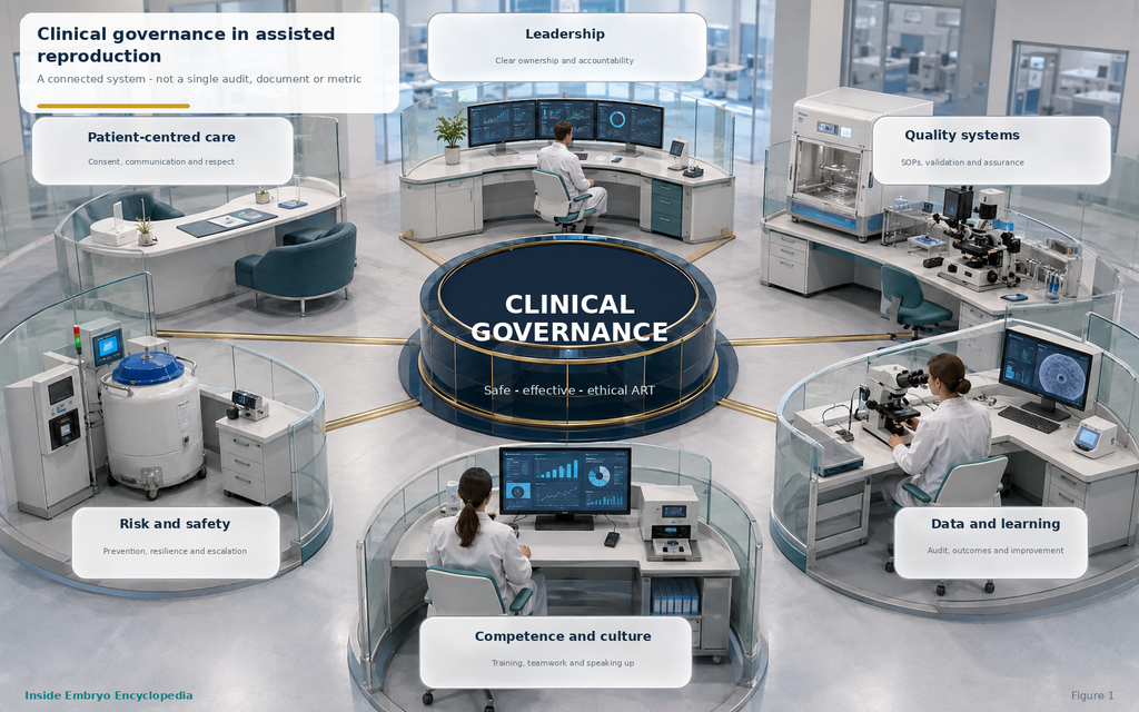 Photorealistic concept map connecting clinical governance with patient-centred care, leadership, quality systems, risk and safety, competence and culture, and data and learning in assisted reproduction.