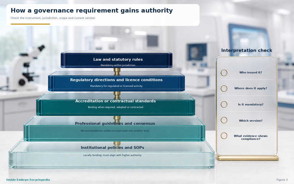 Three-dimensional hierarchy distinguishing law, regulatory and licensing requirements, accreditation standards, professional guidance and institutional policies.