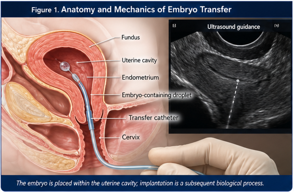 Sagittal uterine diagram showing a soft catheter placing an embryo-containing droplet into the uterine cavity during embryo transfer.