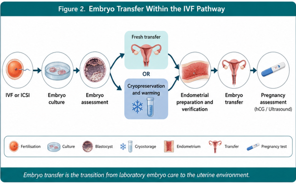 Flowchart showing embryo transfer after IVF or ICSI, embryo culture and assessment, with fresh or frozen transfer pathways followed by pregnancy assessment.