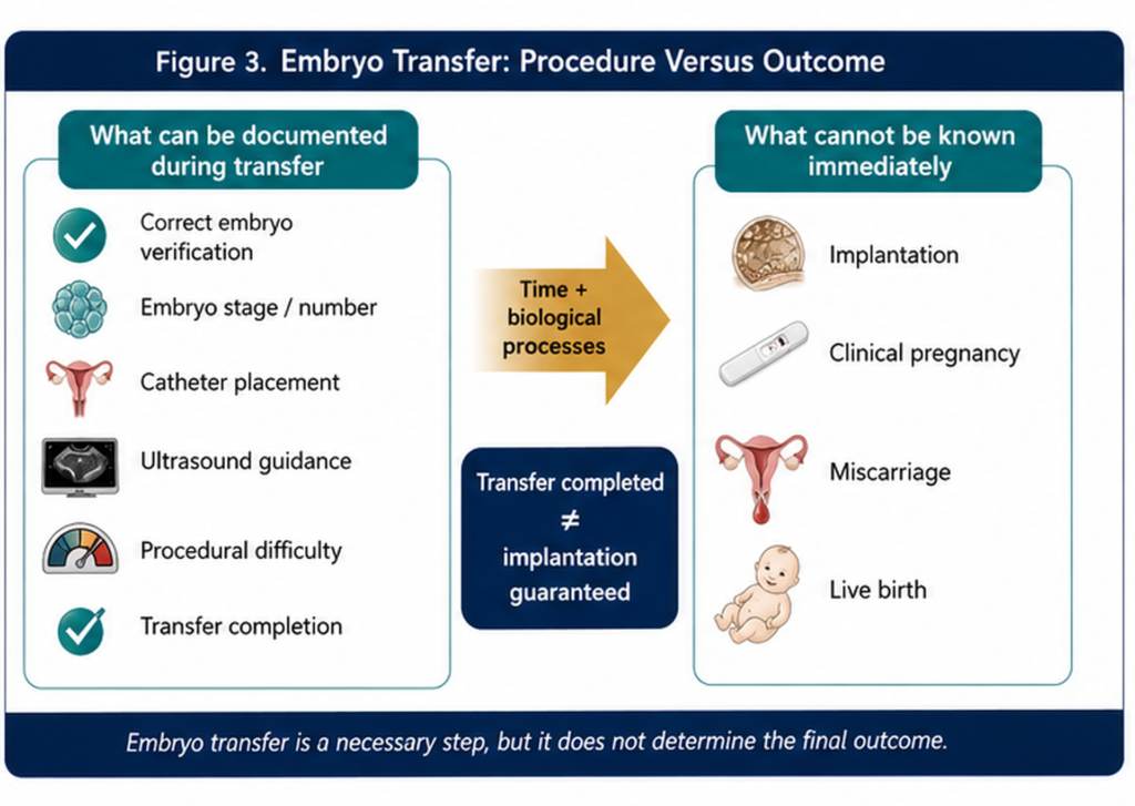 Infographic distinguishing information documented during embryo transfer from later outcomes such as implantation, pregnancy and live birth.