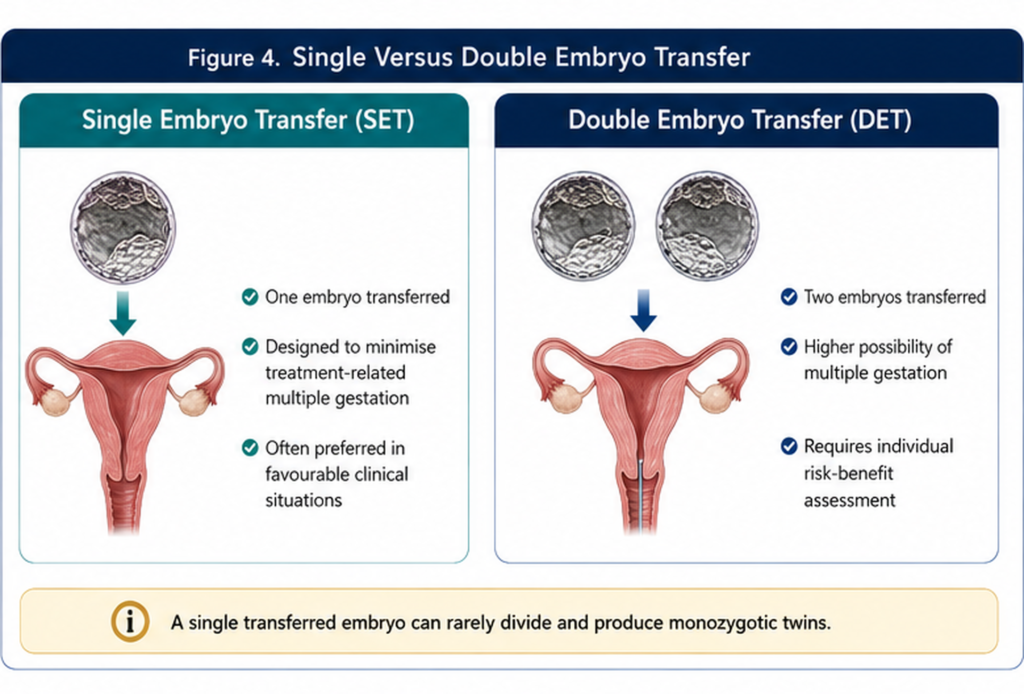 Comparison of single and double embryo transfer highlighting the relationship between embryo number and multiple-gestation risk.