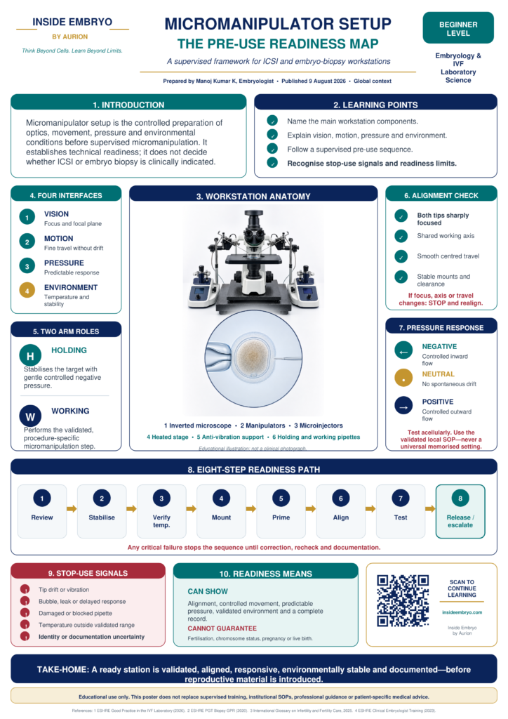 Beginner micromanipulator setup poster showing workstation anatomy, alignment, pressure response, readiness steps and stop-use signals.