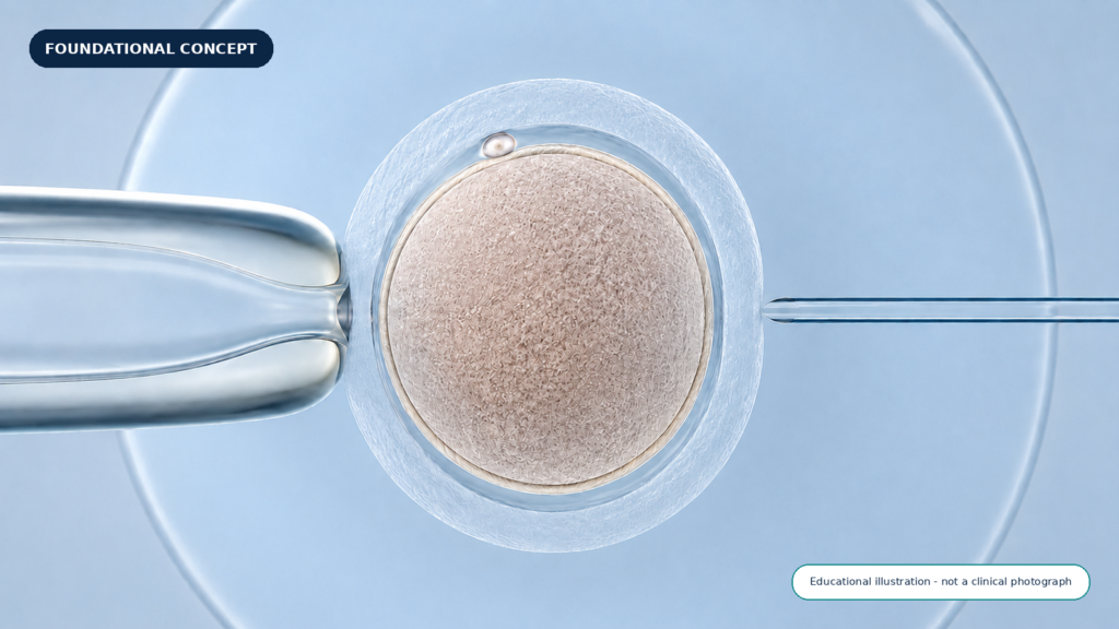 Mature oocyte stabilised by a blunt holding pipette as a fine working pipette approaches from the right.