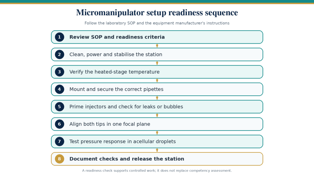Eight-step micromanipulator setup flow from SOP review to functional testing, documentation and station release.
