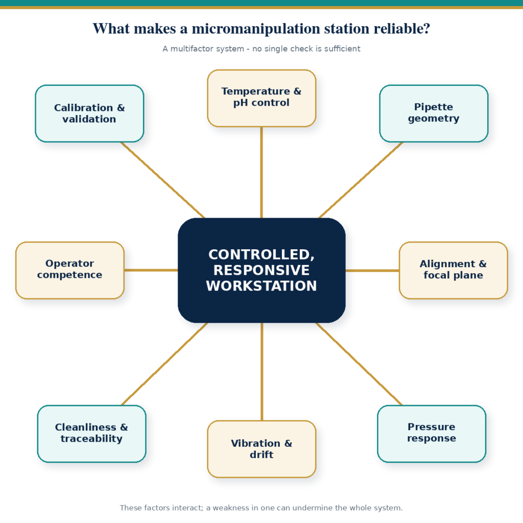 Hub-and-spoke diagram linking workstation reliability to calibration, temperature, alignment and operator competence.