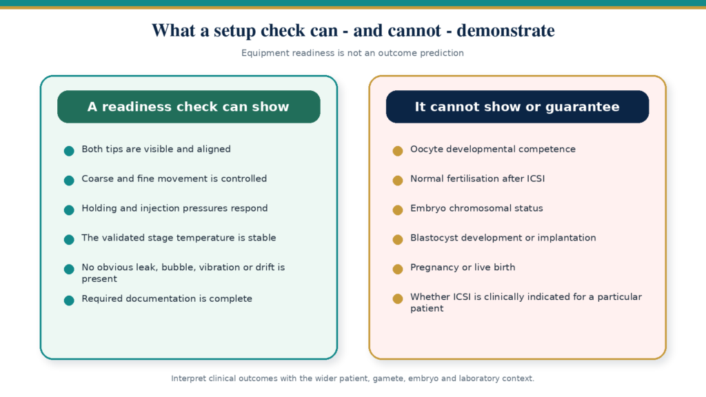 Comparison of technical readiness findings with biological and clinical outcomes that setup cannot guarantee.