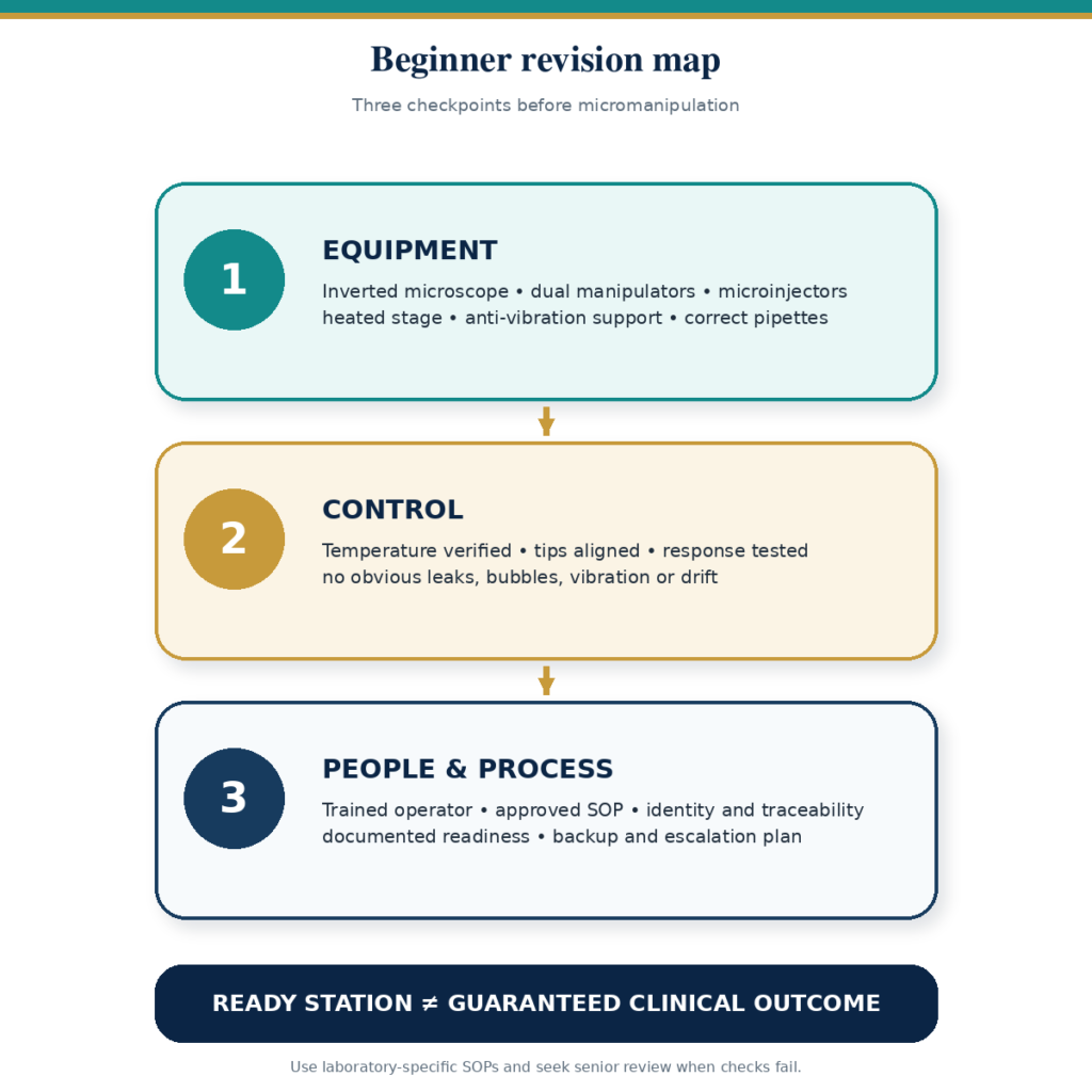 Three-checkpoint revision map covering equipment, control, people and process before micromanipulation.