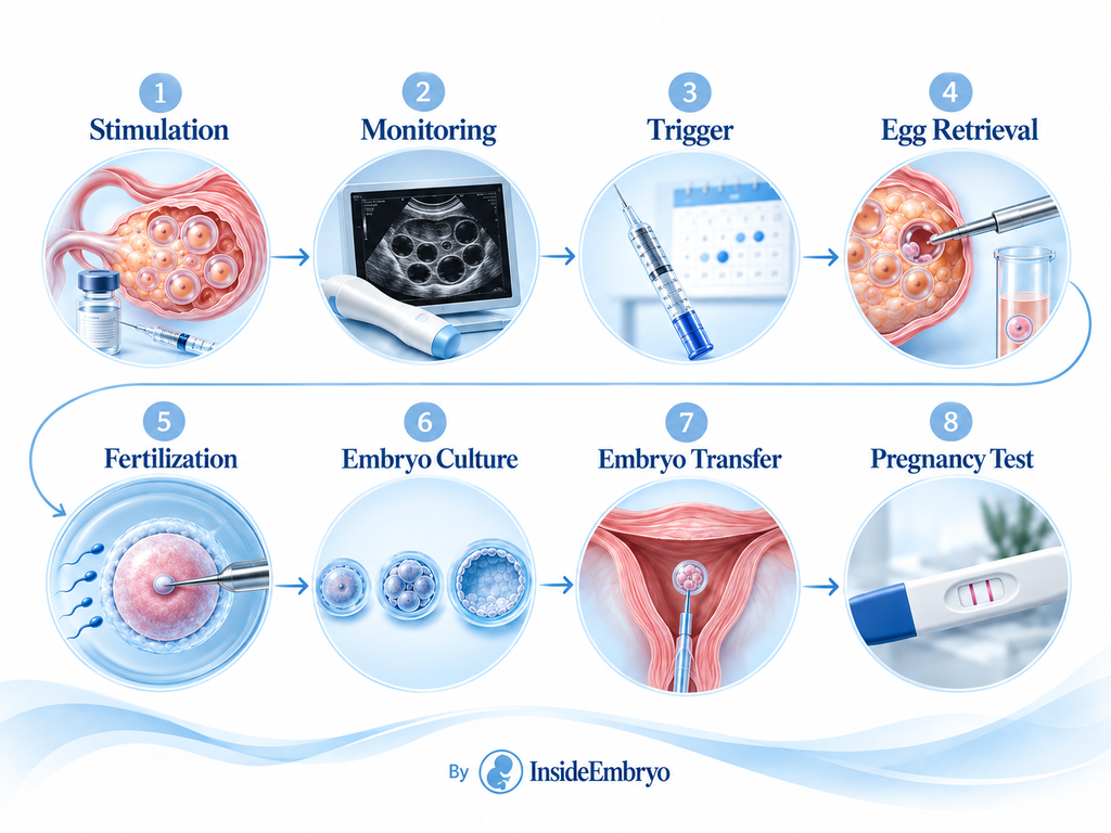 Eight-step IVF journey showing ovarian stimulation, follicle monitoring, trigger injection, egg retrieval, fertilisation, embryo culture, embryo transfer and pregnancy testing.