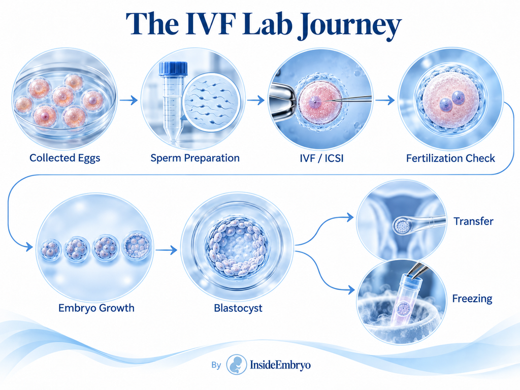 JourneyPlace directly beneath “Inside the Embryology Lab — What Happens After Egg Collection?” and before “1. The eggs are identified and assessed.” This is the strongest location because the reader then sees the entire laboratory pathway before reading each step.