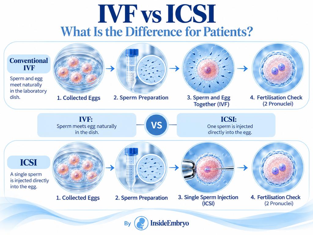 IVF vs ICSI comparison showing how fertilisation happens in conventional IVF and ICSI
