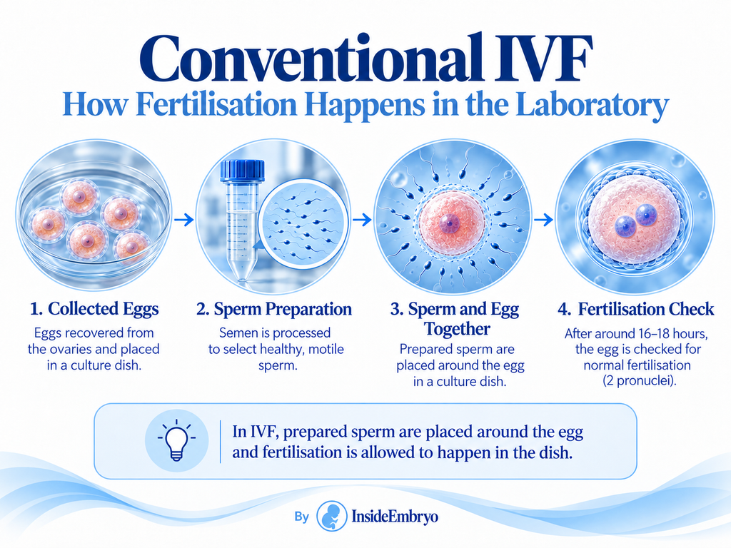 Conventional IVF fertilisation process showing eggs, sperm preparation and fertilisation check