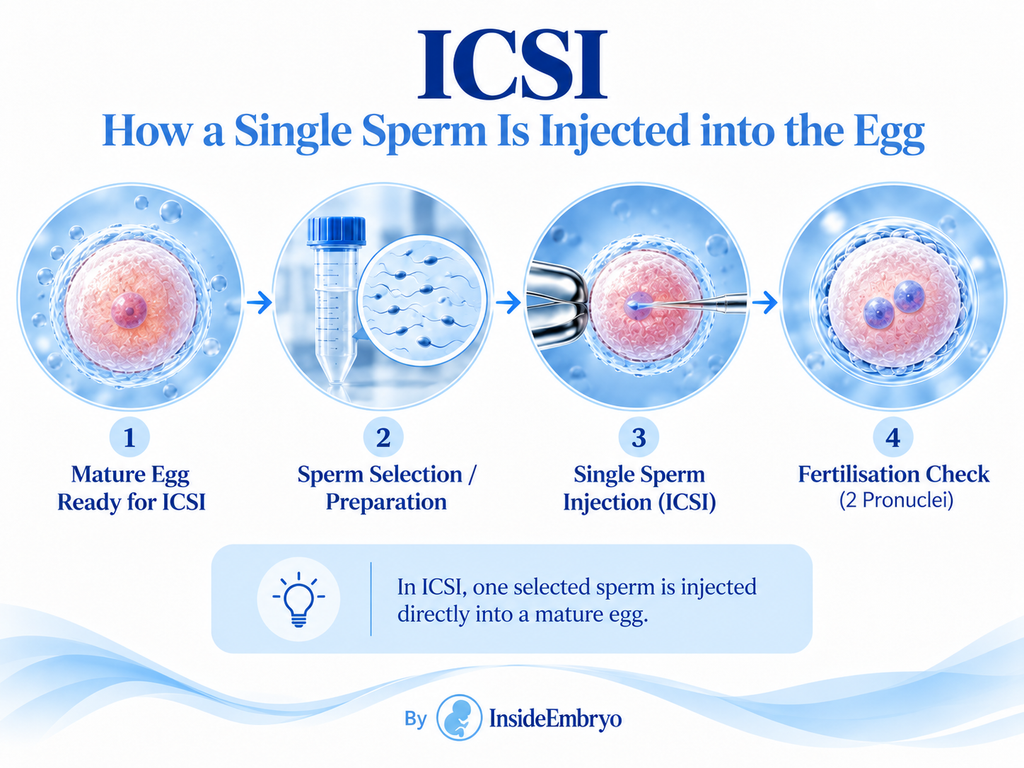 ICSI procedure showing a single sperm injected directly into a mature egg