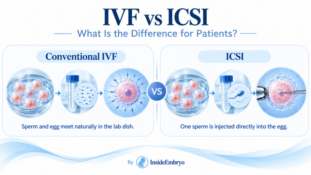 IVF vs ICSI comparison showing how fertilisation happens in conventional IVF and ICSI