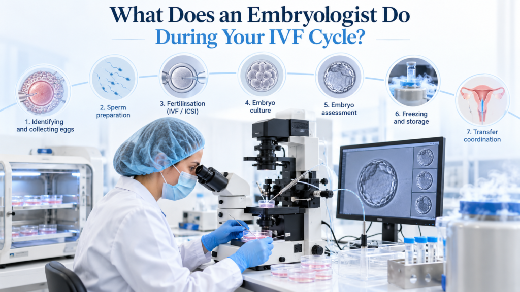 Embryologist working in an IVF laboratory with an overview of egg identification, sperm preparation, fertilisation, embryo culture, freezing and transfer support.