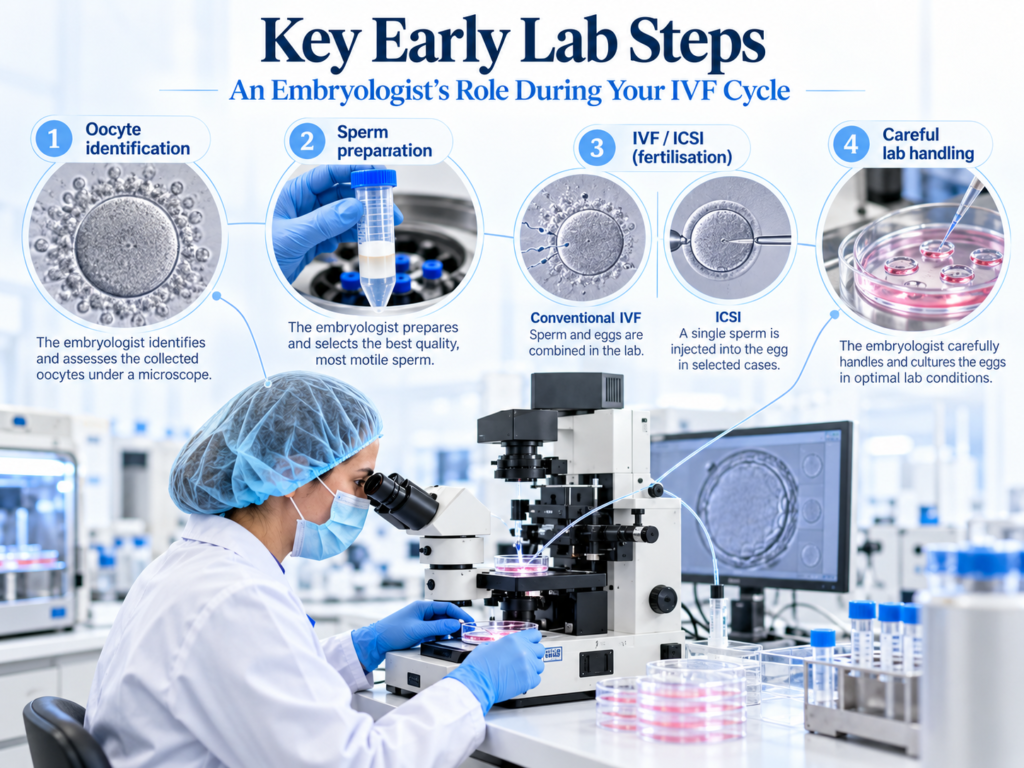 Early IVF laboratory steps showing oocyte identification, sperm preparation, conventional IVF, ICSI and careful laboratory handling.