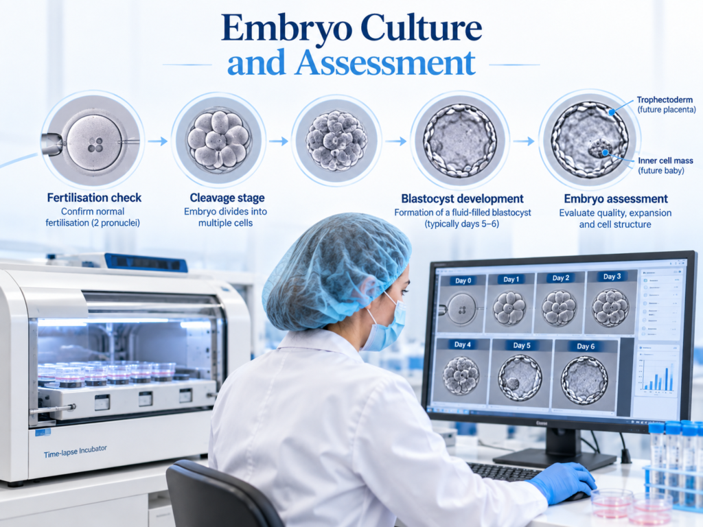 Embryo development from fertilisation check through cleavage stages and blastocyst assessment during IVF culture.
