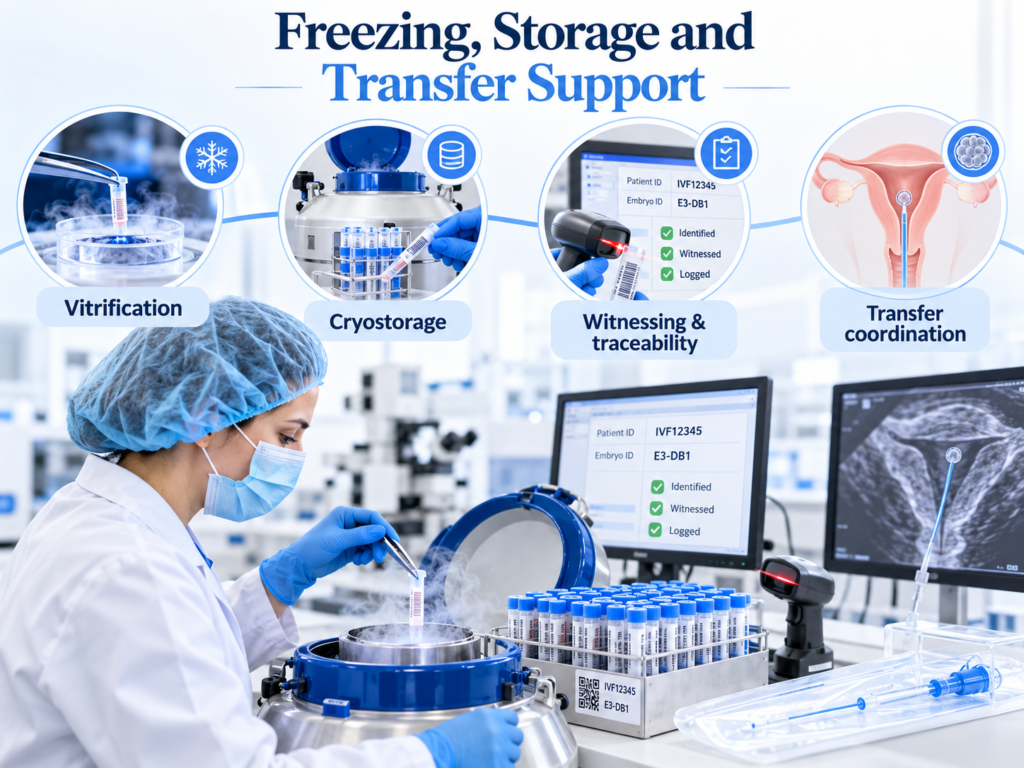Embryologist performing embryo vitrification with cryostorage, witnessing, traceability and embryo transfer coordination.