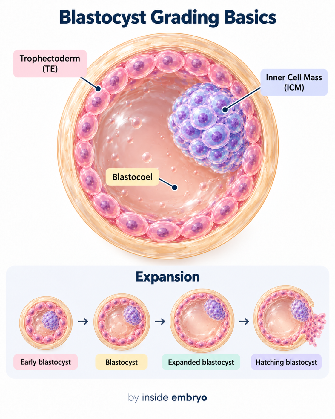Blastocyst grading basics diagram showing expansion ICM and trophectoderm